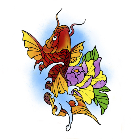 Stylized fish and flower. Tattoo design. Cartoon illustration, hand drawn style.の写真素材