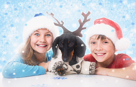 children plays with dachshund in Christmas masks of Santa, Snow Maiden and deerの写真素材