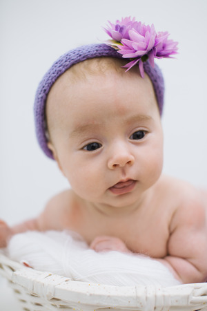 adorable newborn baby girl in the basketの写真素材