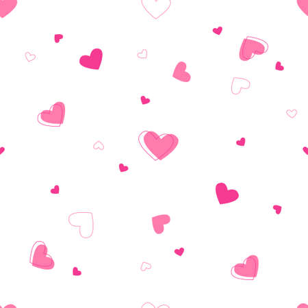 Beautiful pattern of pink hearts of different sizes on a white background. Pattern for Valentine's Day. Modern vector flat illustrationのイラスト素材