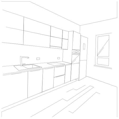 Black and white scheme of the kitchen interior with furniture. The perspective of the view. Modern kitchen design. Vector illustrationのイラスト素材
