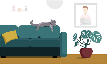 A brutal British cat lies on the back of a sofa in a cozy living room. A painting, cat figurines, and a flower. Interior of the living room. Vectorのイラスト素材
