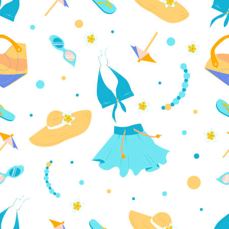 Seamless pattern Set of yellow and blue summer clothes: hat, skirt, glasses, beach bag, swimsuit, flip-flops, flowers, jewelry. Vector illustration on a white backgroundのイラスト素材