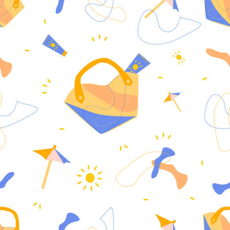 Summer seamless pattern with beach bag and cream. Modern vector illustration on a white backgroundのイラスト素材