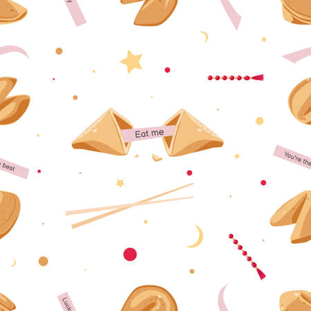 Seamless pattern of Chinese fortune cookies with predictions and bead bracelets. Vector illustration on a white backgroundのイラスト素材