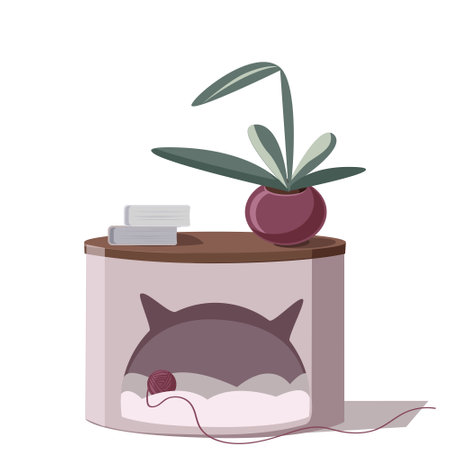 A cozy house for a cat in the form of a bedside table. A potted flower, books, and a ball of woolen thread. Vector isolated on a white backgroundのイラスト素材