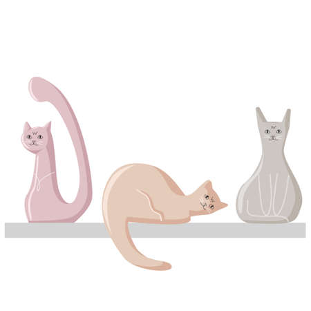 Three porcelain cat figurines on a shelf. Home decor. Vector cartoon illustration on white backgroundのイラスト素材