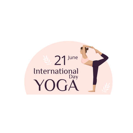 Vector pink banner with a young girl standing on one leg in a yoga pose, for the International Yoga Dayのイラスト素材