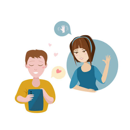 A girl and a guy communicate in social networks via the phone. Vector modern flat illustrationのイラスト素材