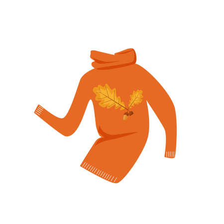 Autumn orange sweater with a pattern of oak leaves and acorns, isolated on a white background. Autumn collection of clothing for fashion magazinesのイラスト素材