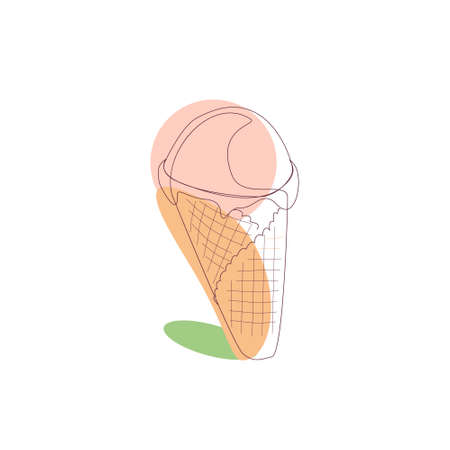 Vector classic waffle cup pink ice cream isolated on white background in contour style. Summer sweetsのイラスト素材
