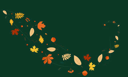 Beautiful abstract green background with a swirl of their various autumn leaves and berries in cartoon styleのイラスト素材