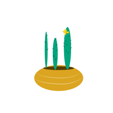 Green long cactus with a flower in a yellow pot with a pattern, isolated on a white background. Plants and Home Decor Itemsのイラスト素材