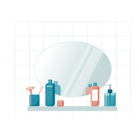 Mirror and shelf in the bathroom with personal hygiene items, toothbrush, cream, shampoo and gel. Cartoon vector illustration.のイラスト素材