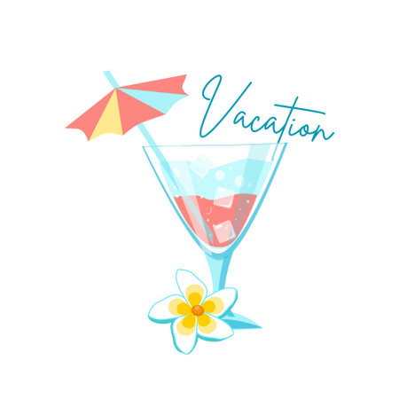 Banner celebrating a vacation with a summer cocktail with a straw umbrella and a plumeria flower. Vector cartoon illustration on a white backgroundのイラスト素材