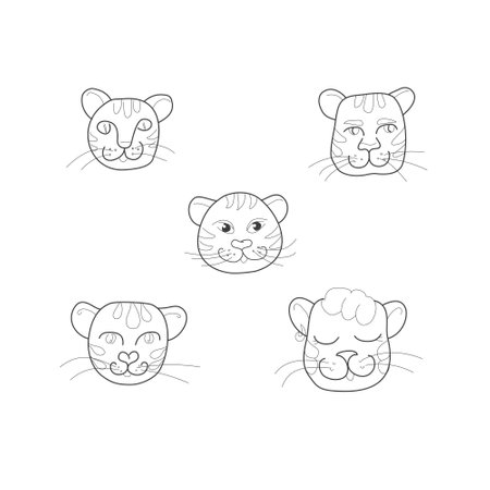 Five different tiger faces, cats in the style of line art, doodle. Vector illustration on a white backgroundのイラスト素材