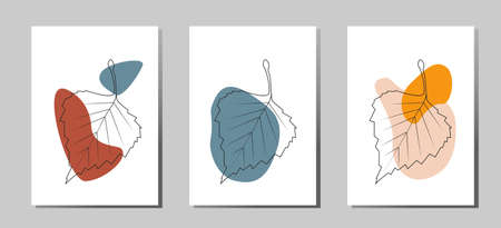 A set of vector posters of fashionable modern abstract compositions made of spots and leaves for...