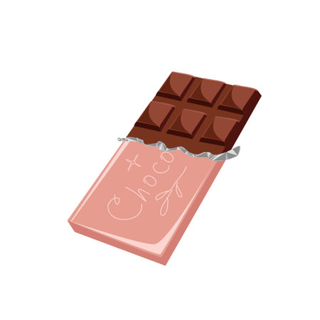 A vector chocolate bar is half open from the package, isolated on a white background. Sweets for...