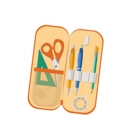 School pencil case with pens, pencil, ruler and scissors, isolated on a white background. Vector...
