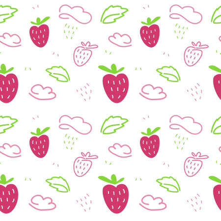 Seamless pattern of pink strawberries with green leaves and pink clouds in doodle style on a white...