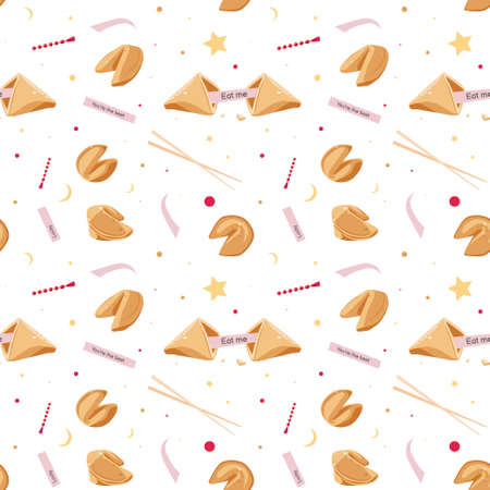 Seamless pattern of fortune cookies. Vector cartoon illustration on a white background for print and postcardのイラスト素材