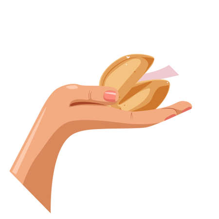 One fortune cookie in the palm of your hand. Vector cartoon illustration on a white background for a holiday and a postcardのイラスト素材