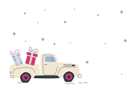 A beige pickup truck is carrying gifts for the New Year. Snowfall. Vector cute illustration for decor, postcard, printのイラスト素材