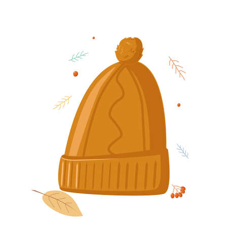 One orange autumn knitted hat with a pompom on a white background. Vector illustration in doodle styleのイラスト素材