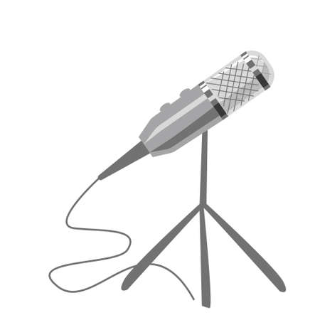One gray microphone on a podcast stand. Vector illustration in cartoon style on a white backgroundのイラスト素材