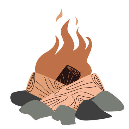 Campfire with firewood and stones for hiking. Vector illustration in hand-drawn style, isolated on a white backgroundのイラスト素材