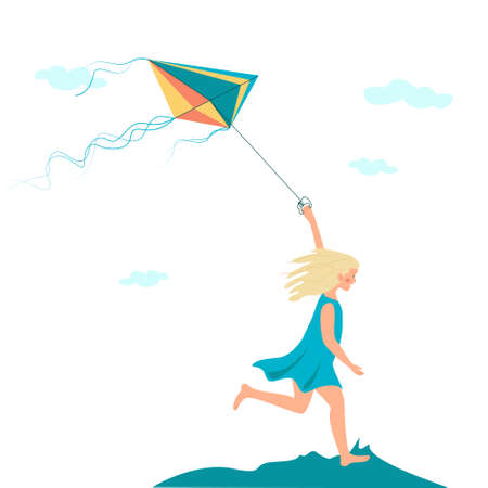 A girl in a blue summer dress runs with a kite. Cute vector illustration for holiday and printのイラスト素材