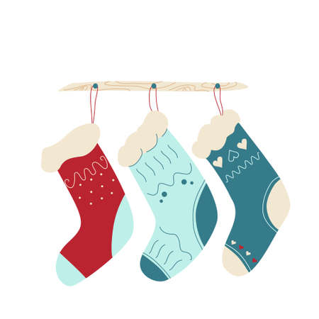 Three winter socks for holiday gifts. Vector illustration in the drawn style isolated on a white backgroundのイラスト素材