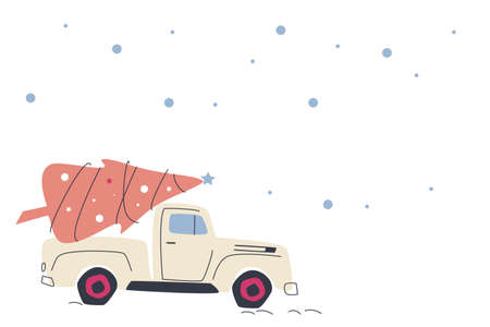 A beige pickup truck is carrying a Christmas tree for the new year. Snowfall. Vector cute illustration for decor, postcard, printing, backgroundのイラスト素材