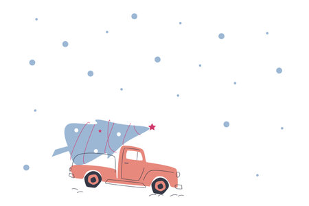 A red pickup truck is carrying a blue Christmas tree for the new year. Snowfall. Vector cute illustration for decor, postcard, print, backgroundのイラスト素材