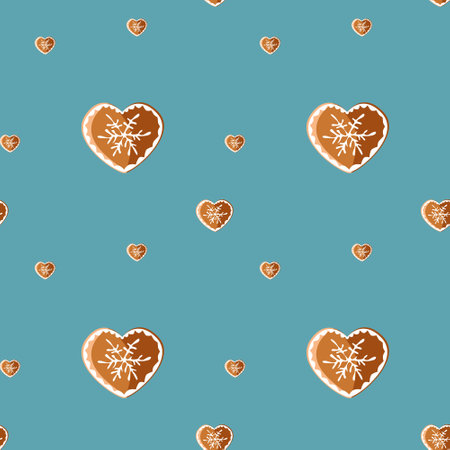 Seamless pattern of ginger cookies in the shape of a heart on a blue background. Vector illustration for decor, fabrics and postcardsのイラスト素材