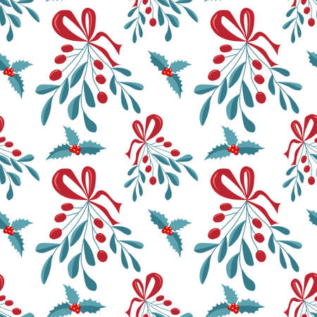 Seamless pattern of mistletoe and holly branches for the holiday. Vector illustration for background, decor, fabrics and postcardsのイラスト素材