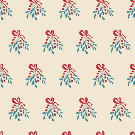 Seamless festive pattern of mistletoe branches on beige background. Vector illustration for background, decor, fabrics and postcardsのイラスト素材