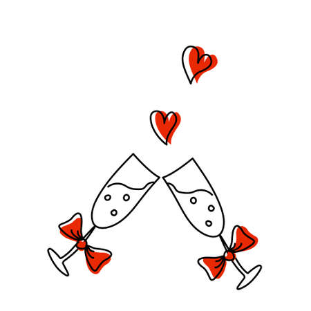 Two glasses of champagne for Valentines Day. Vector doodle illustration on a white background for postcards and printsのイラスト素材