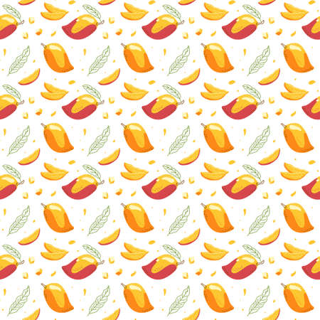 Seamless delicious pattern of ripe mangoes. Vector illustration on a white background for decor, wrapping paper, printのイラスト素材