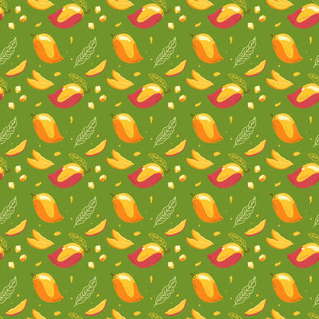 Seamless bright summer pattern of ripe mangoes on a green background. Vector illustration for background,print, packaging paperのイラスト素材
