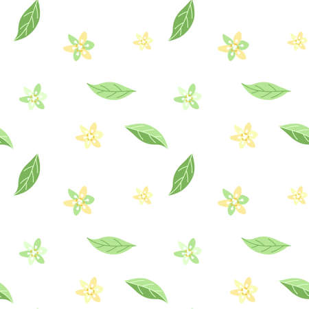 Seamless summer pattern of delicate flowers and leaves on a white background. Vector illustration for background, decor, print, packaging paperのイラスト素材
