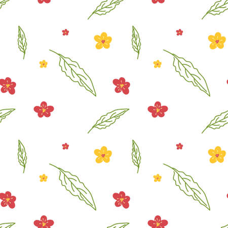 Seamless summer pattern of peach blossoms and leaves. Vector illustration on a white background for decor, print, packaging paperのイラスト素材