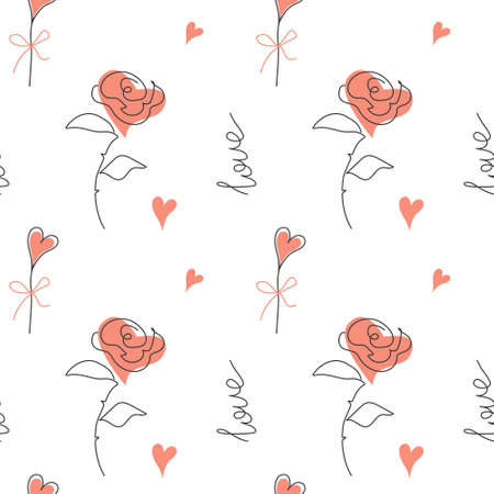 Seamless pattern of roses, lollipops and hearts in doodle style for Valentine. Vector illustration on a white background for decor, print, packaging paperのイラスト素材