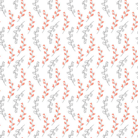 Seamless pattern of plant twigs of hearts in doodle style for Valentine's Day. Vector illustration on a white background for decor, print, packaging paperのイラスト素材