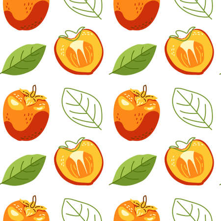 Seamless pattern of juicy persimmon fruits. Vector illustration on a white background for decor, wrapping paper, printのイラスト素材