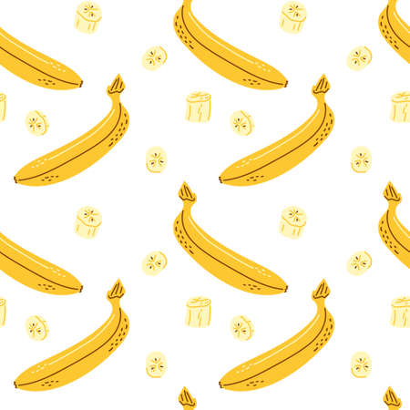 Seamless pattern of whole bananas and slices. healthy fruits. Vector illustration on a white background for decor, wrapping paper, printのイラスト素材