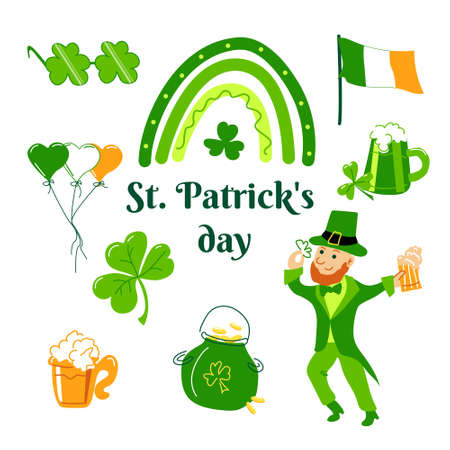 A set of green symbols for St. Patrick's Day. Beer, glasses, clover, rainbow and a pot of gold. vector illustrationのイラスト素材