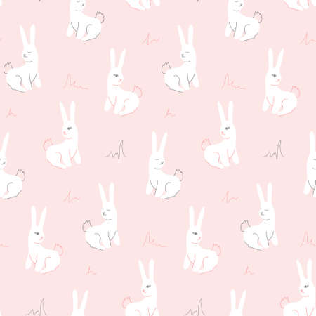 Seamless pattern of white hares on a pink background. Cute animals. Vector illustration for decor, wrapping paper, printingのイラスト素材