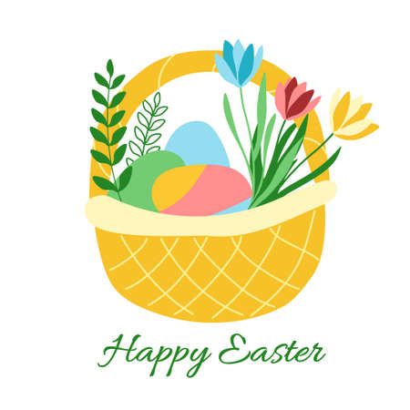 Greeting banner with a basket of Easter eggs and flowers. Happy Easter. Vector illustration for postcards, decor, holidayのイラスト素材