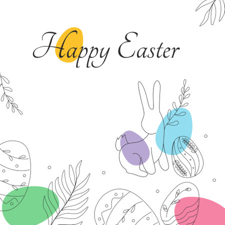 Greeting banner with a rabbit and Easter eggs in doodle style. Happy Easter. Vector illustration for postcard, decor, holidayのイラスト素材